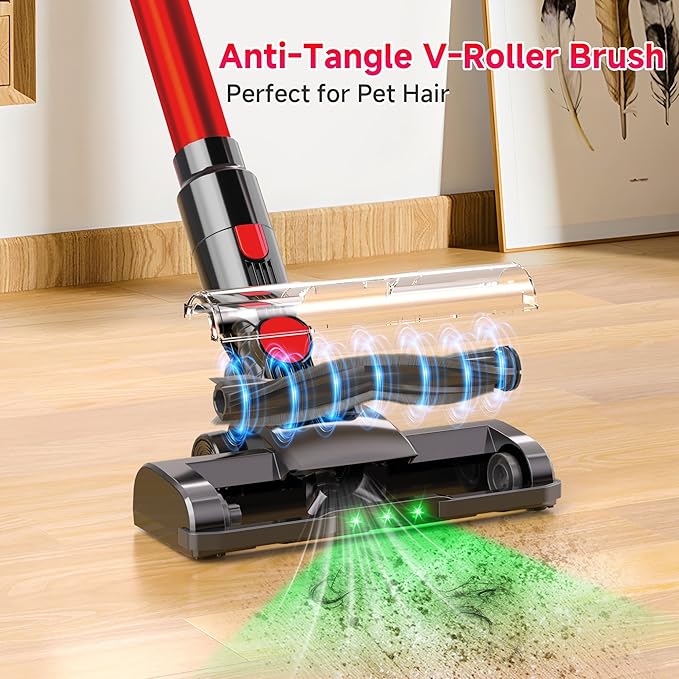 Hearten Cordless Vacuum CleanerUpgraded Stick Vacuum with LED Display Anti-Tangle Self-StandingAnti-TangleLightweightVacuum Cleaner for Home Pet Hair Carpet Hardwood Floor (A-Red)