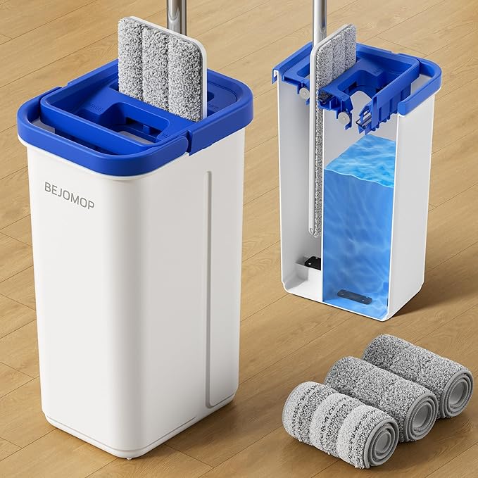 Mop and Bucket Set Mops for Floor Cleaning with Long Handle Squeeze Flat Mop and Bucket System Dry &amp Wet Dust Mops for Household Floor Cleaning with 3 Microfiber Mops Slate Blue