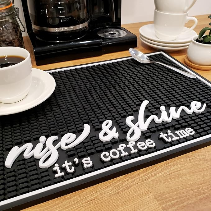 New Mungo Coffee Bar Mat – “Rise &amp Shine It’s Coffee Time” – Spill-Proof PVC Coffee Station Mat Non-Slip Countertop Protector 18x12