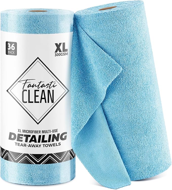 Fantasticlean XL Tear-Away Microfiber Cleaning Cloth Roll 16'' by 16''- 36 Sheets Thick &amp Large Detailing Towels Ultra Absorbent Lint-Free Reusable Wipes for All-Around Cleaning (Glossy Blue)