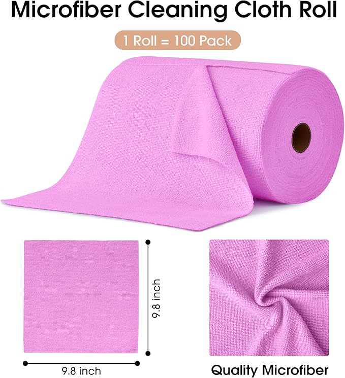 KitchLife Microfiber Cleaning Cloth Roll 100 Pack - Tear-Away Microfiber Paper Towels Lint-Free Reusable Washable for Kitchen Car Dishes and Sensitive Surfaces (Light Purple)