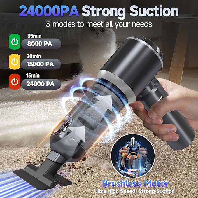 Car Vacuum Portable Cordless Small Handheld Vacuum Cleaner with 24000PA High Power Suction Mini Vacuum Cordless Rechargeable with One-Touch Empty 10-in-1 Hand Vac for Car Home Office Dust