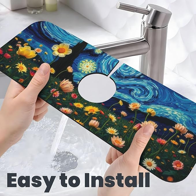 Starry Night Flowers Dish Drying Mat for Kitchen Counter 16x18 Microfiber Absorbent Fast Dry Mat 2Pcs Dish Mat Faucet Mats Sets Large Drying Kitchen Mat Kitchen Drying Pad