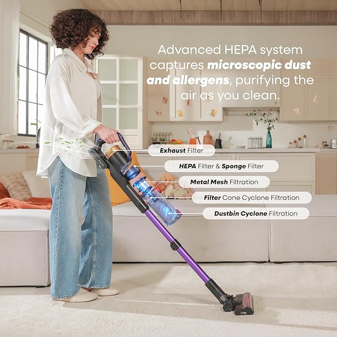 UNINELL HOME UV2 Cordless Vacuum Cleaner 48000Pa/550W Vacuum Cleaners for Home Lightweight Stick Vacuum with 65Mins Runtime Self-Standing&ampWall Mount Charging Tangle-Resistant Vacuum for Pet Ha