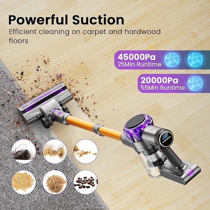 S3P Cordless Vacuum Cleaner 45kPa Powerful Suction Vacuum Cleaners for Home 55-Min Runtime Rechargeable Stick Vacuum Self-Standing for Pet Hair Carpet Hard Floor LED Display