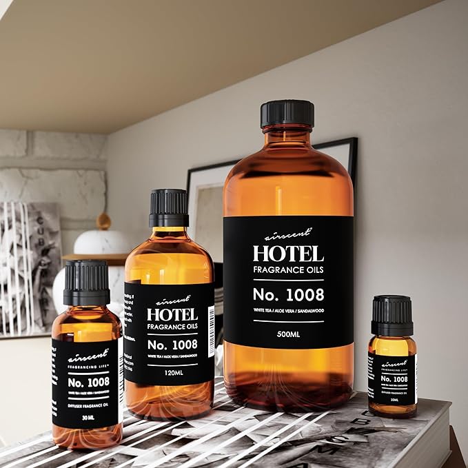 AirScent Hotel Diffuser Oil No. 1008 - White Tea Aloe Vera &amp Sandalwood - Hotel Scent Dupe - Premium Fragrance Oil for Ultrasonic and Waterless Diffusers and Crafting - 120 mL 4 fl oz Glass Bott