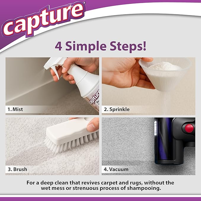 Capture Carpet &amp Rug Dry Cleaner w/Resealable lid - Home Car Dogs &amp Cats Pet Carpet Cleaner Solution - Strength Odor Eliminator Stains Spot Remover Non Liquid &amp No Harsh Chemical (4 Po