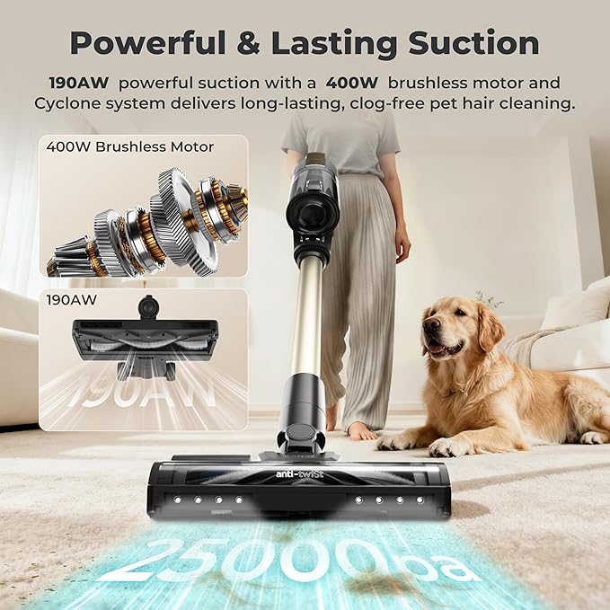 Candy Cordless Vacuum Cleaner65Mins Stick Vacuum Cleaners for Home400W/190AW Powerful SuctionAnti-TangleLED DisplaySelf-StandingOne-Click CleanHandheldHardwood Floor/Carpet/Pet HairCVS30