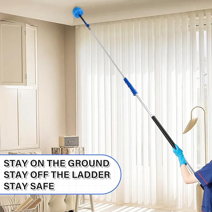 High Reach Cleaning Kit with 12FT Telescoping Pole - Ceiling Fan &amp Microfiber Feather Dusters Cobweb Brush Window Squeegee &amp Washer