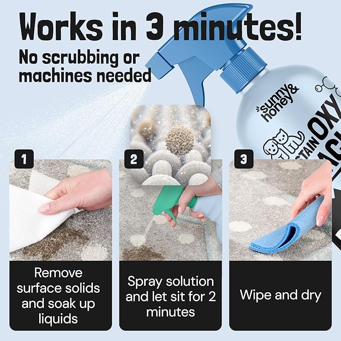 Sunny &amp Honey Oxy Pet Stain and Surface Odor Remover - Fast Acting Carpet Cleaner Spray to Eliminate Dog Pee Vomit and Stubborn Stains - Unscented 32oz