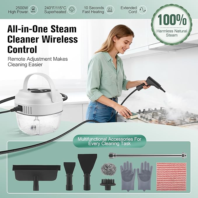 ALILYY Handheld Steam Cleaner for HomeSteamer for Cleaning50.7oz Water TankPortable Steam Cleaner with 19 Accessories for Home CleaningGreaseFloorCouchWindowCar SeatTileGroutWhite