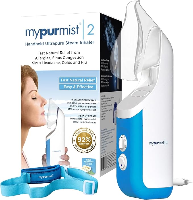 Mypurmist® Essential Kit Plus Handsfree Strap - Steam Inhaler Personal Handheld Instant Steam - Sinus Congestion Cold Cough Relief Vocal Care Skincare (Plug-in)