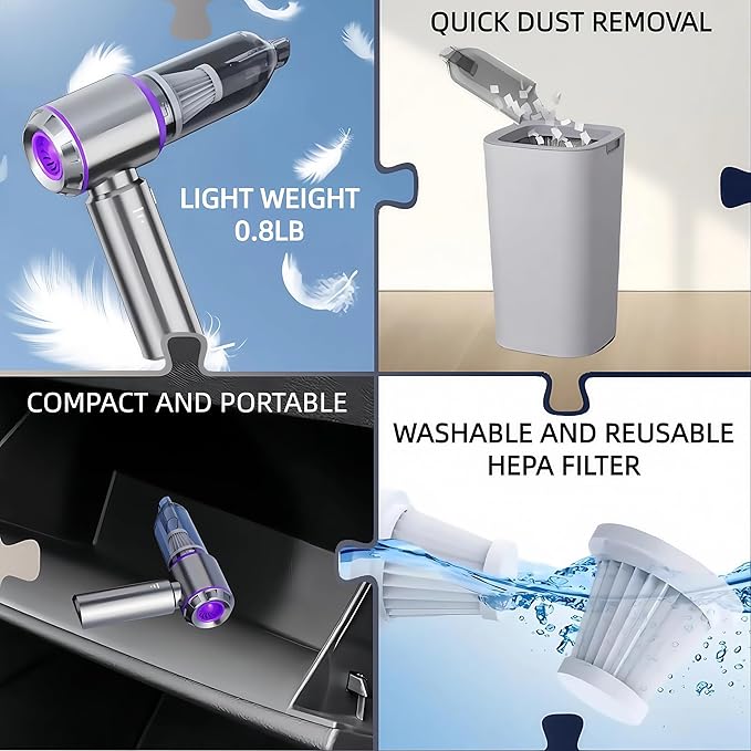 Handheld Car Vacuum Cleaner 21000PA Rechargeable High Power Cordless Mini Vacuum Cleaner and Blower 4-in-1 with 3 Gear Vacuum with Brushless Motor for Car Home Office PC