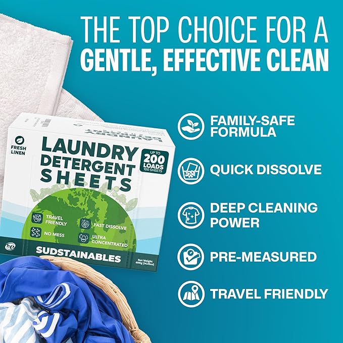 Sudstainables Laundry Detergent Sheets 200 Loads – Dissolvable Laundry Sheet for Washing Machines Compact Alternative to Liquid &amp Powder Detergent Travel-Friendly Soap | Fresh Linen