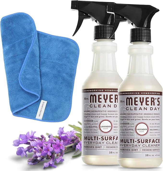 Mrs. Meyer's Lavender Multi-Surface Cleaner Set - 2x16oz Spray Bottles and Premium Microfiber Towel