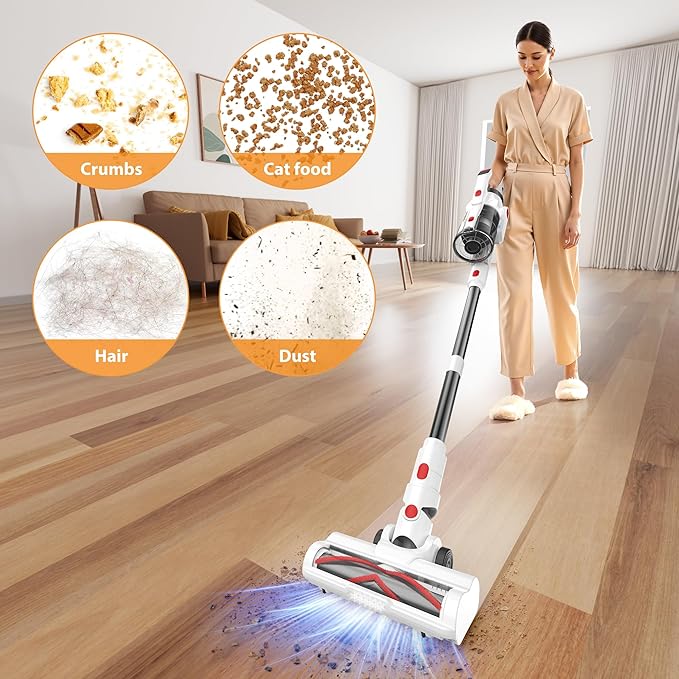 Tikom V750 Cordless Vacuum Cleaner for Home 45000Pa/500W Stick Vacuum with LED Display Charging Wall Dock Anti-Tangle Lightweight Handheld Vacuum for Pet Hair Hard Floor Carpet White