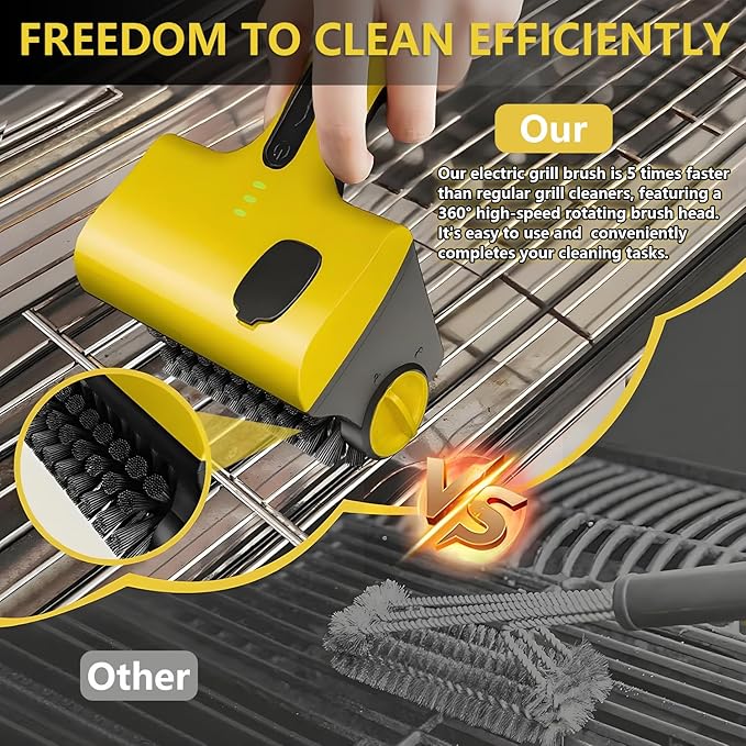 Grill Cleaning Robot BBQ Grill Cleaner Built-in Water Tank and 2600mAh Battery with 2 12.4cm Removable Brush Head 360° Rotation One-Touch Water Spray for Grills Kitchens Bathrooms