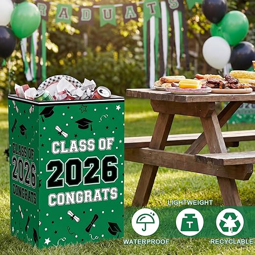 Tinlade 6 Pack 2026 Green Graduation Decoration 13 Gallon Disposable Trash Cans Class of 2026 Party Garbage Bins Large Waterproof Foldable Recycle Pop up Bins for Graduation Party School