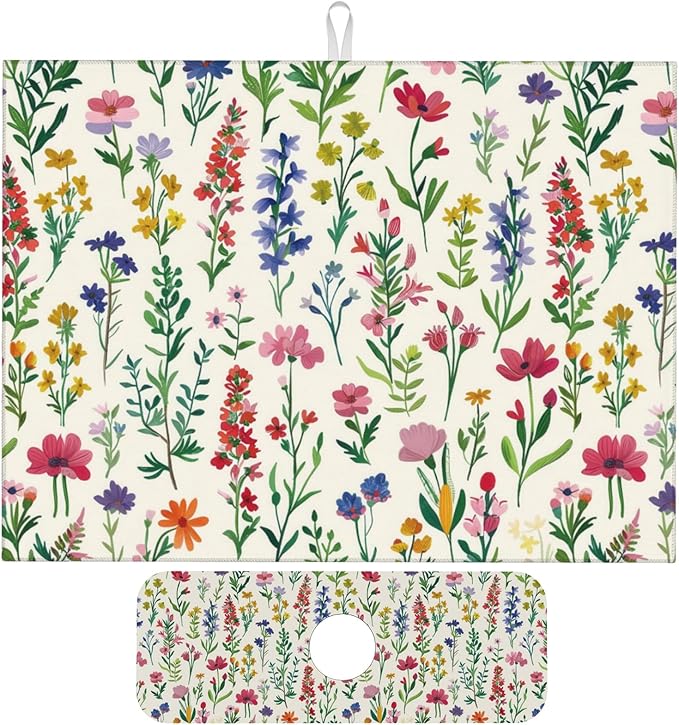 Watercolor Wildflower Dish Drying Mat for Kitchen Counter 18x24 Microfiber Absorbent Fast Dry Mat 2Pcs Dish Mat Faucet Mats Sets Large Drying Kitchen Mat Kitchen Drying Pad Coffee Bar Decor Gifts