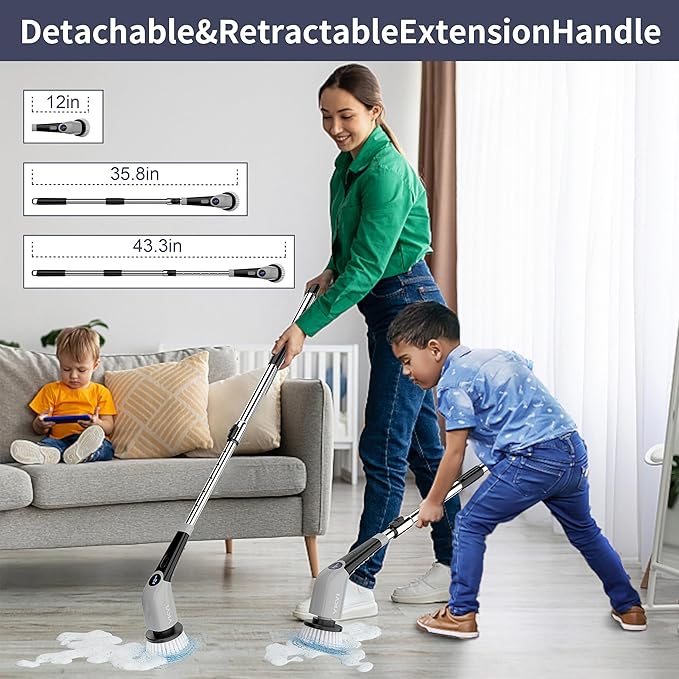 YKYI Electric Spin Scrubber-Cordless Power Scrubber with 8 Brush Heads 3 Speeds &amp Adjustable Long Handle IPX7 Waterproof Shower Cleaning Brush for Bathroom Tile Bathtub Grout Kitchen(Gray)