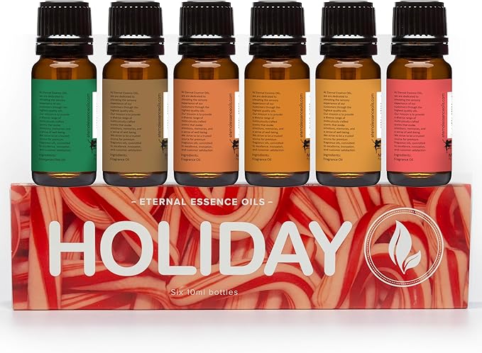 Eternal Essence Oils Holiday Set of 6 Premium Fragrance Oils - Oils for Diffusers Soap &amp Candle Making Aromatherapy - Includes Candy Cane Pumpkin Patch - for Candle Soap Making &amp More - 1