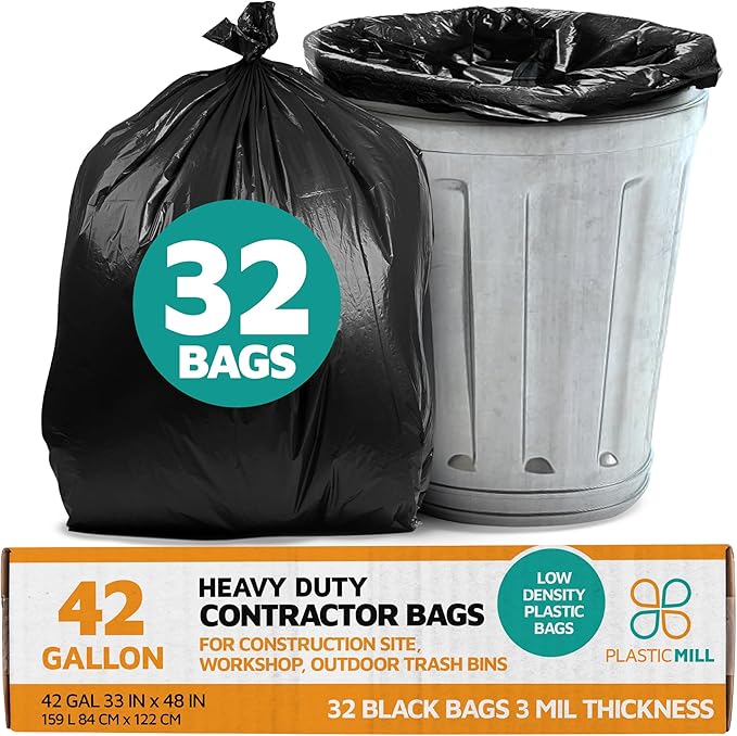 PlasticMill Contractor Bags Heavy Duty - Commercial Industrial Garbage Bags - Black Construction Trash Bags - Outdoor Garden Trash Bags 42-Gallon 3 Mil 33x48 (32-Count)