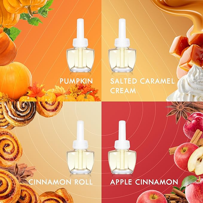Plug-In Air Freshener Refills 12 Pack – Pumpkin Apple Cinnamon Cinnamon Roll &amp Salted Caramel Cream Scents – Adjustable Home &amp Bathroom – Compatible with Air Wick &amp Glade Not Include Gl
