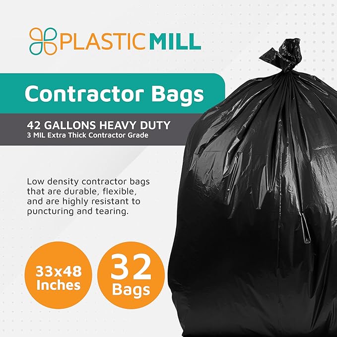 PlasticMill Contractor Bags Heavy Duty - Commercial Industrial Garbage Bags - Black Construction Trash Bags - Outdoor Garden Trash Bags 42-Gallon 3 Mil 33x48 (32-Count)