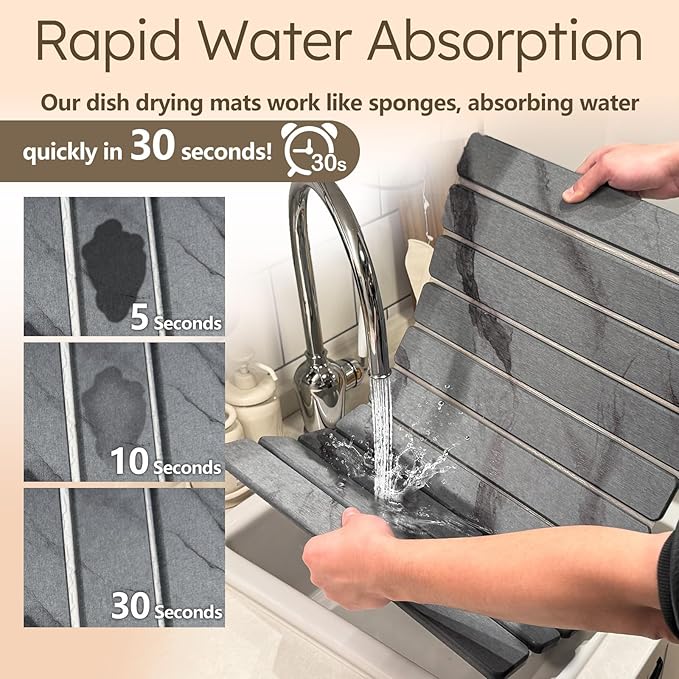 Large Stone Dish Drying Mat for Kitchen Counter Collapsible Marbled Quick-Dry Diatomaceous Earth Mat with Dish Rack and Towel Versatile Drying Mats for Kitchen Utensils (Dark Gray 23.6×15.4)