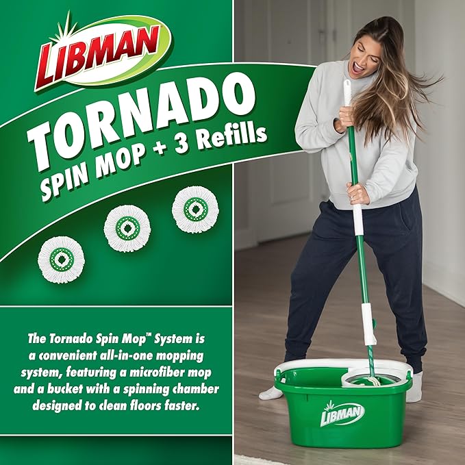 Libman Tornado Spin Mop System with Refill Heads Microfiber Spinning Mop and Bucket with Wringer Set for Home Floor Cleaning of Hard-Wood Laminate Tile All Surface Cleaner