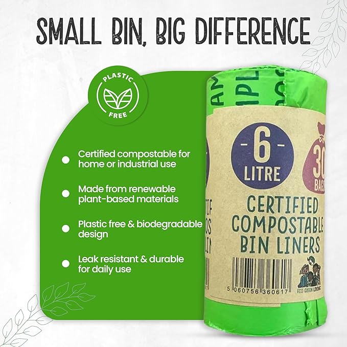 Eco Green Living 6 Litre Compostable Bin Liners – Plastic Free &amp Recyclable Caddy Bags for Food Waste Leak Resistant Small Bin Liners 36 x 66 cm - Quad Pack (120 Bags)
