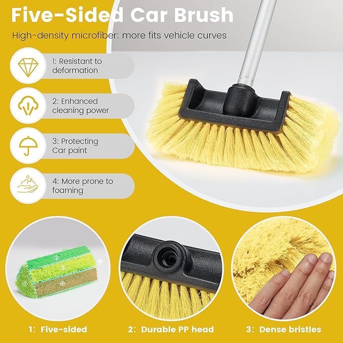 Car Wash Brush with Long Handle 60'' Soft Bristle Cleaning Brush Car Cleaning Brushes Carwash Brushes for SUV RV Boat Truck House Siding Sweep Snow Yellow