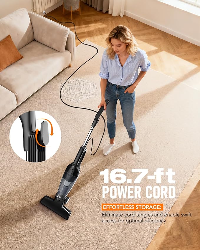 Corded Stick Vacuum Cleaner 15000Pa Powerful Suction Lightweight 3 lbs Corded Vacuum for Pet Hair &amp Hard Floors Long 16.7ft Cord 1L Dust Cup &amp Crevice Tool Included (Black)
