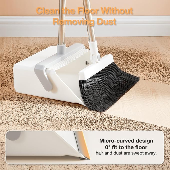 Broom with Dustpan Combo SetUOEOS One-Sweep CleanPet Hair Removal Broom with Self-Cleaning Double-Layer TeethHigh Density Broom and Windproof Dustpan for Indoor&ampOutdoor
