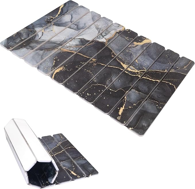 Large Stone Drying Mat for Kitchen Counter 24×16 Black Marble Quick Dish Drying Mat with Sanding Pads Non-Slip Roll Up Absorbent Diatomaceous Earth Mat for Dishes Bottles Cups