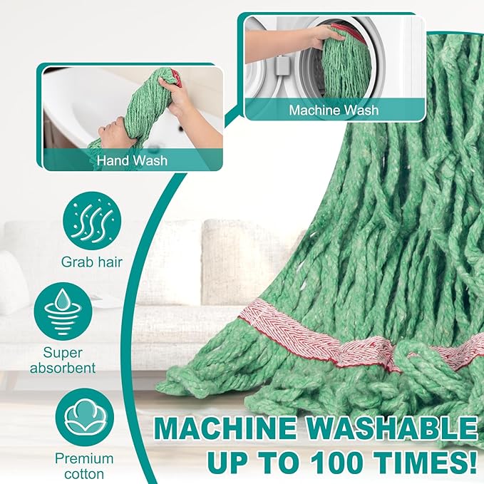 KeFanta 60 Inch Loop-End String Mop Heavy Duty Commercial Mops for Floor CleaningIndustrial Cotton Wet Mop with Extra Mops Head Replacement(Green)