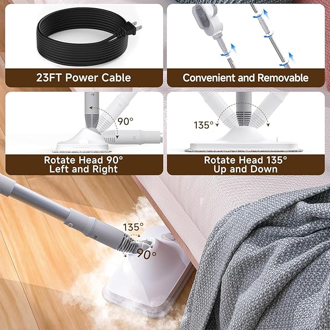 Steam Mop 13-in-1 Powerful Handheld Steam Cleaner with 14 Accessories 16.9OZ Removable Tank &amp 23FT Power Cord Detachable Steam Mops for Floor Cleaning Tiles Windows Carpets