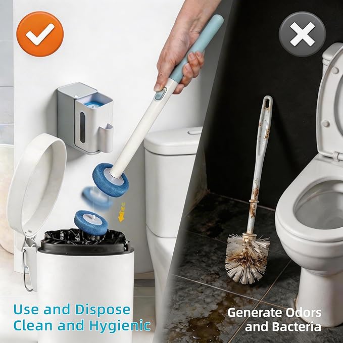 Disposable Toilet Brush and Holder Set with 64 Replacement Heads Economical Home Toilet Cleaner Wand for Easy Refill Replacement Compact Hygienic Toilet Bowl Brush for Family Bathroom