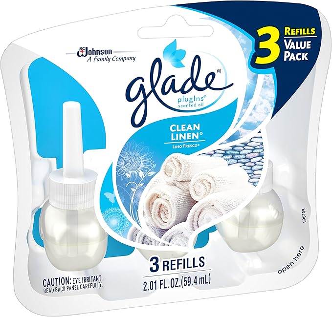Glade PlugIns Refills Air Freshener Starter Kit Scented and Essential Oils for Home and Bathroom Clean Linen 4.02 Fl Oz 2 Warmers + 6 Refills