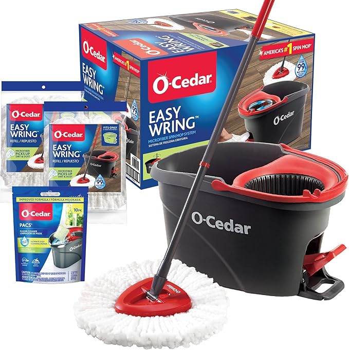 O-Cedar EasyWring Microfiber Spin Mop &amp Bucket Floor Cleaning System + 2 Extra Mop Head Replacements with Citrus Pac (Variety Pack)