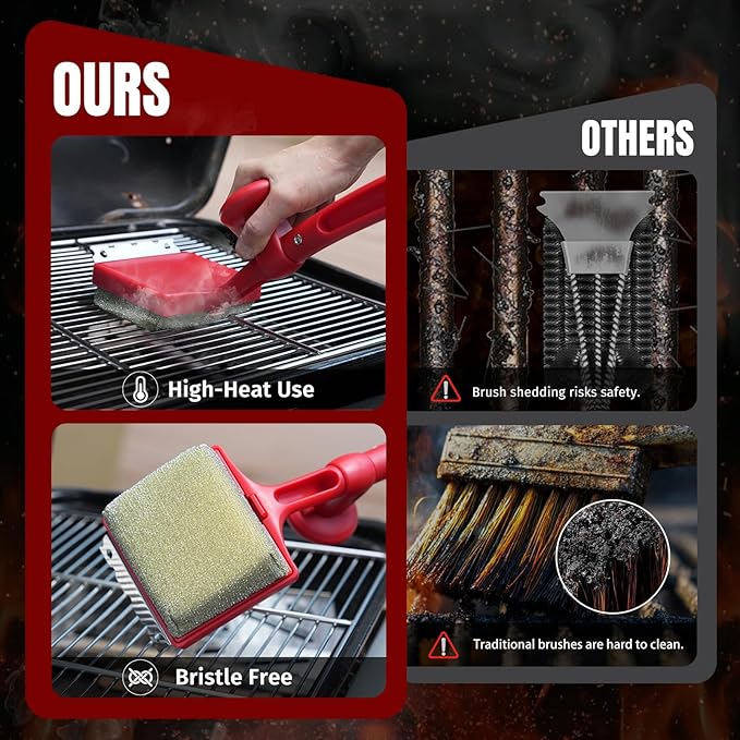 Grill Brush Bristle Free with Aramid Fiber - 600°F Heat Resistant Steam Cleaning Brush Dual Handle BBQ Grill Cleaning Brush with Scraper Replaceable Head for Outdoor Grill Weber Traeger Grates