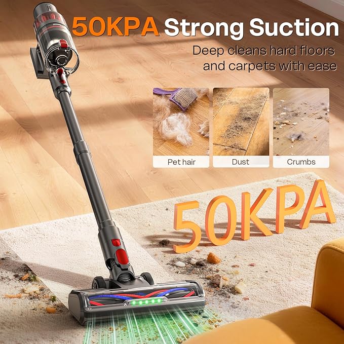 Cordless Vacuum Cleaner 600W/50KPA Stick Vacuum with Rechargeable Design Up to 60 Minutes Powerful Suction Lightweight Vacuum Cleaner for Home/Pet Hair/Carpet/Hard Floor Grey
