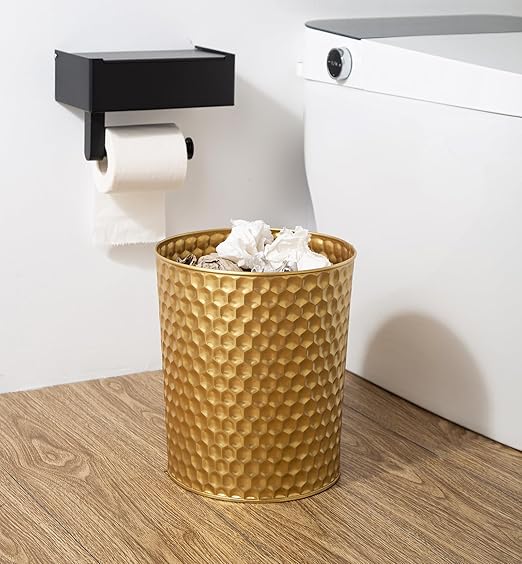 Large Metal Trash Can Wastebasket Decorative Honeycomb Garbage Can Modern Farmhouse Round Bin for Bathroom Bedroom Kitchen and Office (Gold)
