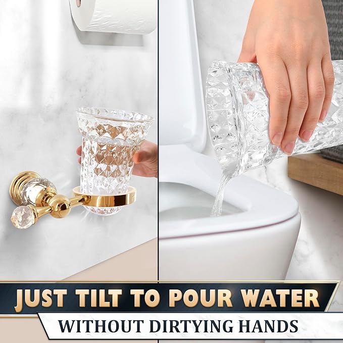 Gold Stainless Steel Toilet Brush with Crystal Toilet Brush Holder Set – Wall Mounted Holder Replaceable Head Decorative Space-Saving Design Bathroom Toilet Accessory Elegant Toilet Bowl Cleaner Set