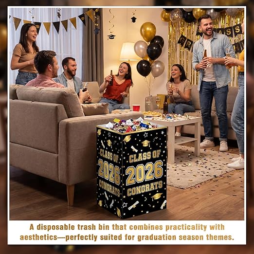 Tinlade 6 Pack 2026 Black and Gold Graduation Decoration 13 Gallon Disposable Trash Cans Class of 2026 Party Garbage Bins Large Waterproof Foldable Recycle Pop up Bins for Graduation Party School