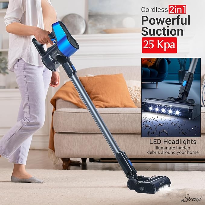 Sirena Proflex PetVac 2-in-1 Cordless Stick Vacuum Cleaner with Motorized Pet Brush for Pet Hair Removal Multi-Surface Cleaning and Portable Convenience