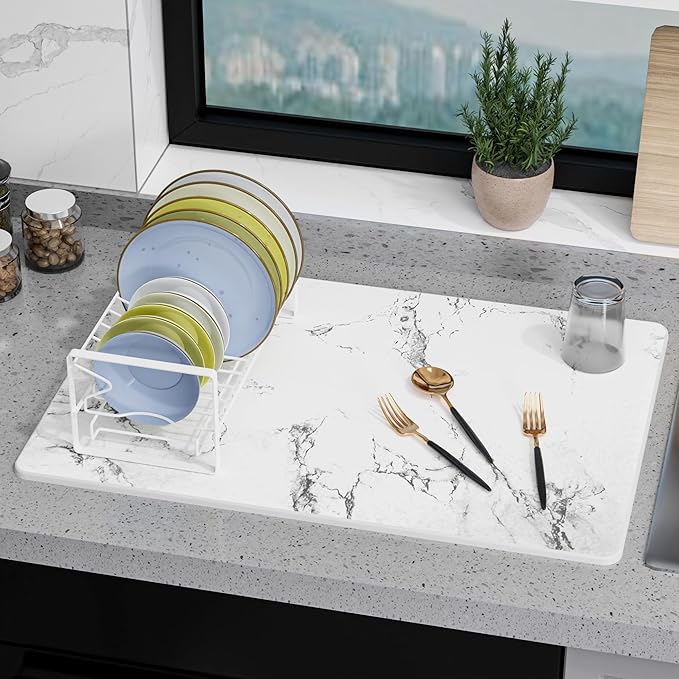 Large Stone Drying Mat for Kitchen Counter 24 × 16 Diatomite Dish Drying Mat Quick Dry Stone Mats Ultra Absorbent Natural Diatomaceous Earth Mats for Dished Bottles White Marble