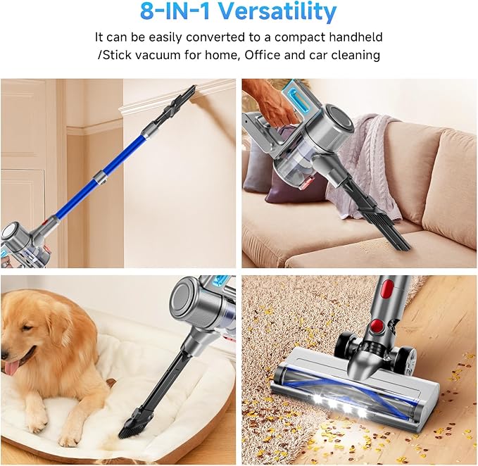 Cordless Vacuum Cleaner 8 in 1 40Kpa 55MinsLightweight Vacuum Cleaners for Home Stick Vacuum with Anti-Tangle BrushWall Mount Rechargeable Cordless Vacuum for Floor/Sofa/Pet Hair Blue