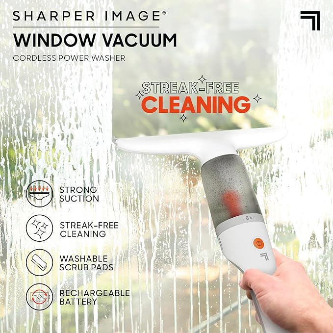 Sharper Image® 2-in-1 Window Vacuum Cleaner Kit – Cordless Squeegee Spray Bottle 11 Blade 2 Washable Microfiber Pads| Cleaning Supplies Tool Set| Glass Mirrors Shower Windows Car Windshield