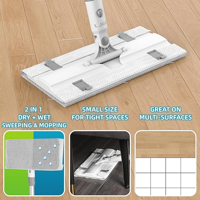 Disposable Pad Flat Mop for Floor Cleaning 15.7 in (40 cm) Aluminum Base 52 in Aluminum Handle Includes 20 Dry Pads + 20 Wet Pads Hands-Free Easy Clean – LJGG (Gray/White)